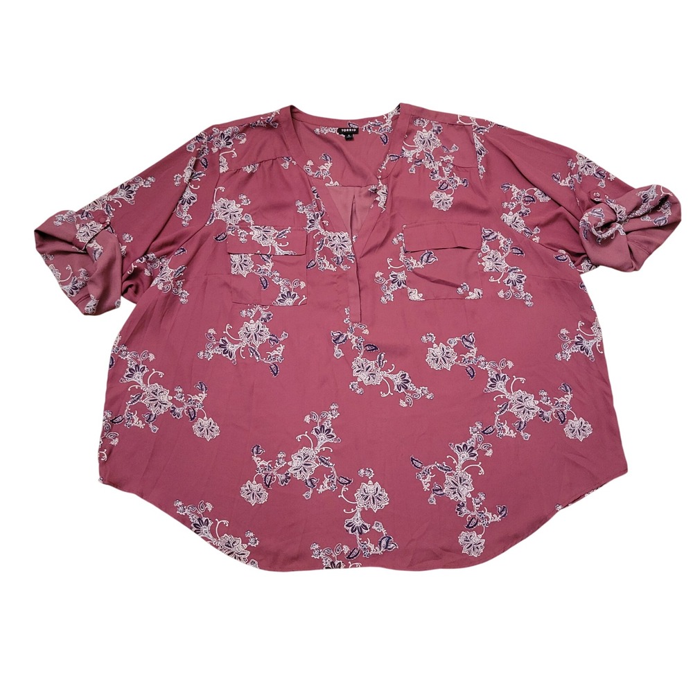 Torrid 6 Blouse Floral Roll Tab Sleeve Popover Harper Top Coquette Semi Sheer